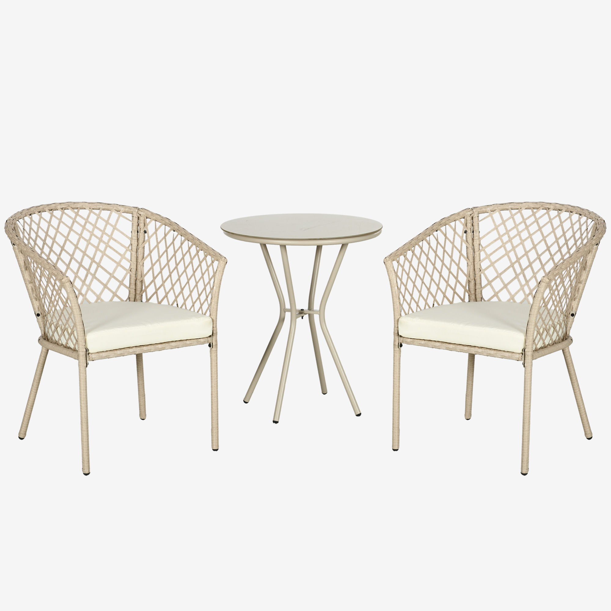 Rattan Tuinmeubelset, 2 Stoelen en Tafel, Gehard Glas Tafelblad, PE Rattan, Zitkussens, Metalen Frame, Khaki