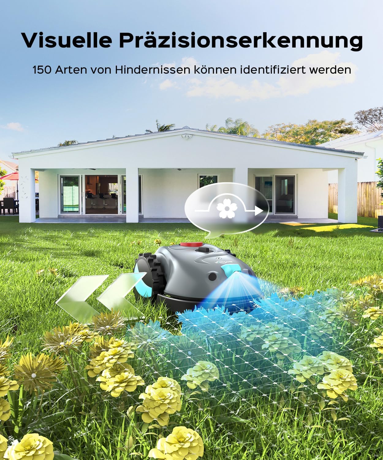 V100 Mähroboter ohne Begrenzungskabel Rasenroboter mit Kamera, Hindernisvermeidung, Vision Navigation, 4 Ah Akku Rasenmäher Roboter ohne Begrenzungsdraht 150m2 mit Ersatzklingen, Spiralschnitt