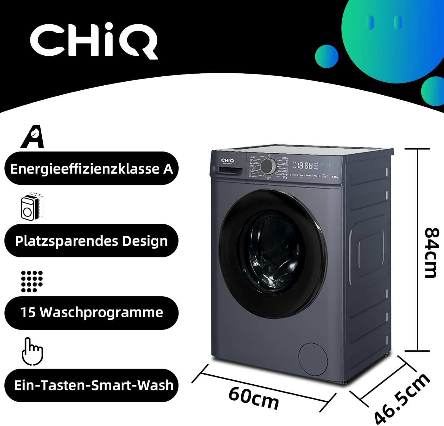 CHiQ Waschmaschine 7kg, 15 Programme, InverterMotor, Eco-Logic, Speed Wash, 60x46,5x84cm, Auto Clean, Washer Grau, CW07123863AX