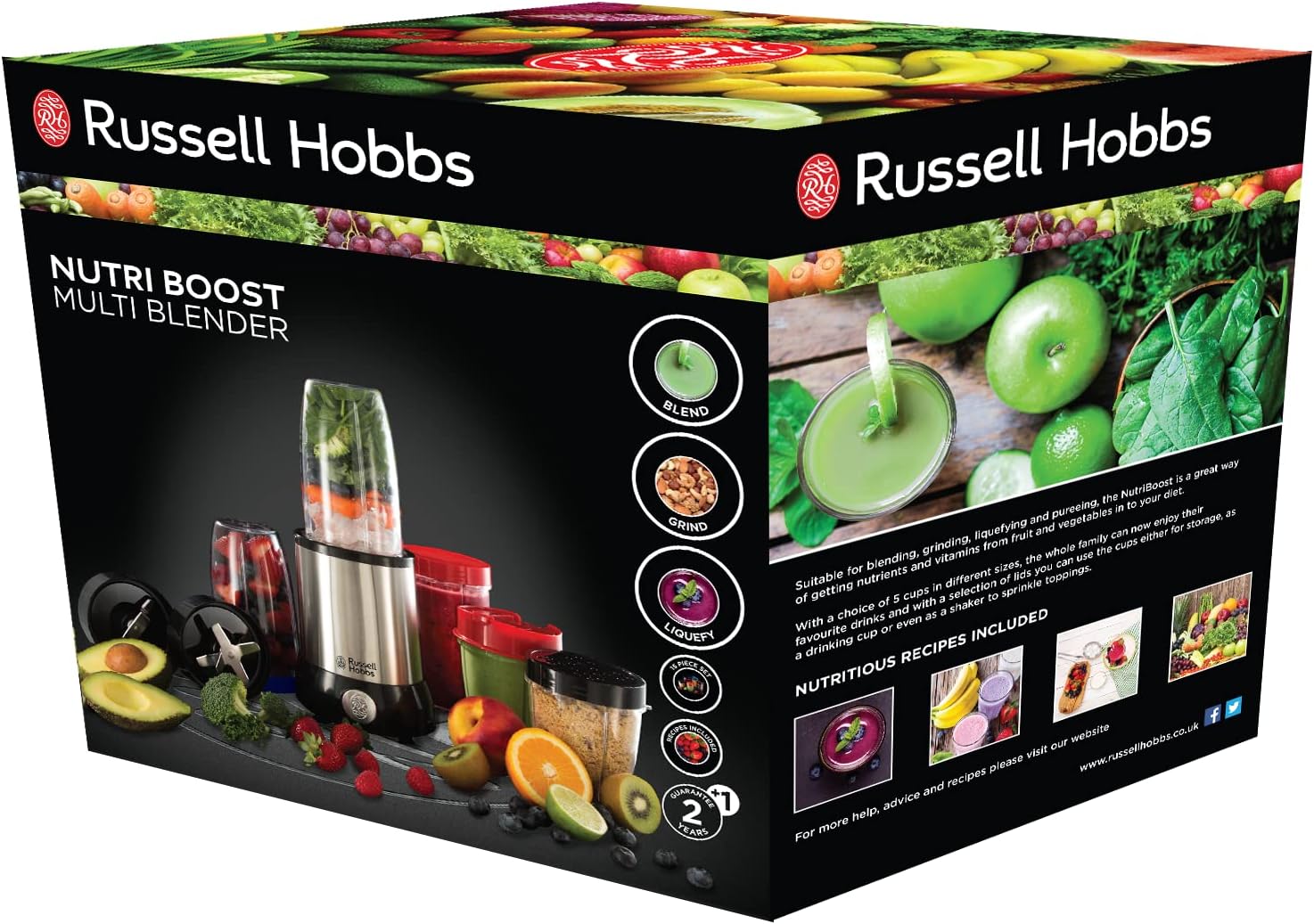 Russell Hobbs Mixer [Multifunktions- Standmixer] NutriBoost (inkl. 5 BPA-freie und spülmaschinengeeignete Behlter + Deckel, 22.000 U/min, 0.9 PS-Motor) elektrischer, Smoothie-Maker 23180-56