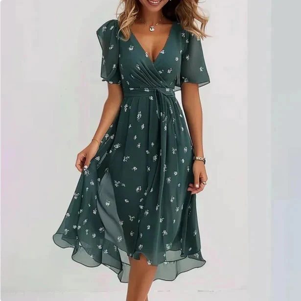 Damen Sommerkleid mit Blumenmuster | Luftiges Midi-Kleid mit V-Ausschnitt, Schmetterlings?rmeln und Wickel-Optik