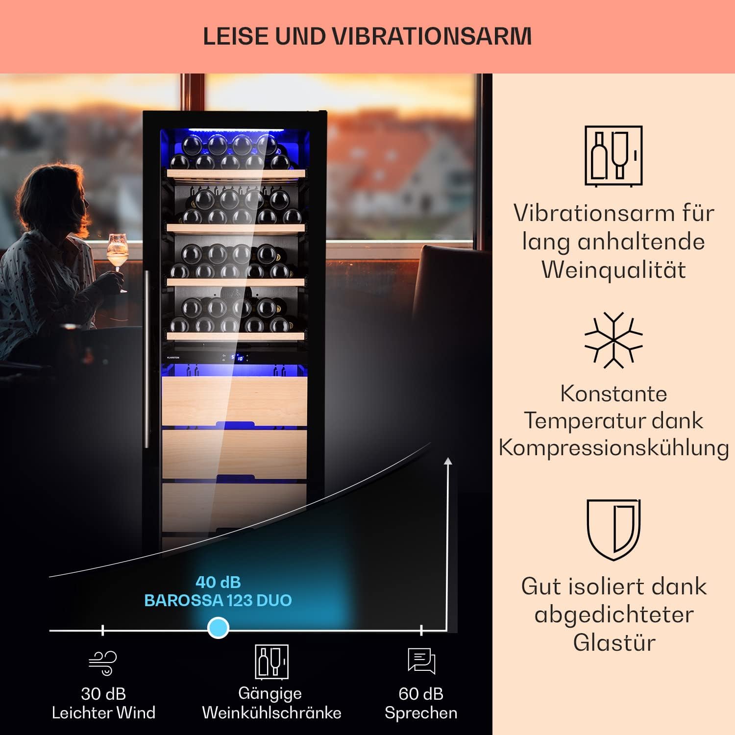 Klarstein Weinkühlschrank, Getränkekühlschrank Schmal, 2 Zonen Kühlschrank mit Glastür, Getränkekühlschränke Freistehend, Weinkühlschrank Klein, Weinkühlschränke mit UV-Schutz, 5-18°C, 123 Flaschen