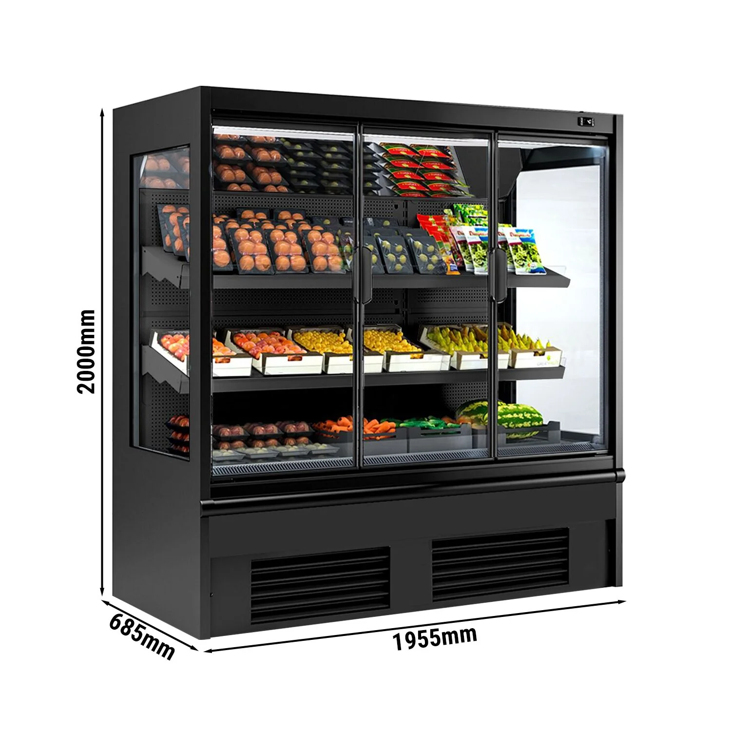 Kjølereol - 1955 mm - 555 l - +4 °C til +6 °C - med 3 hengslede glassdører, med dobbelt isolerglass & 2 hyller - svart