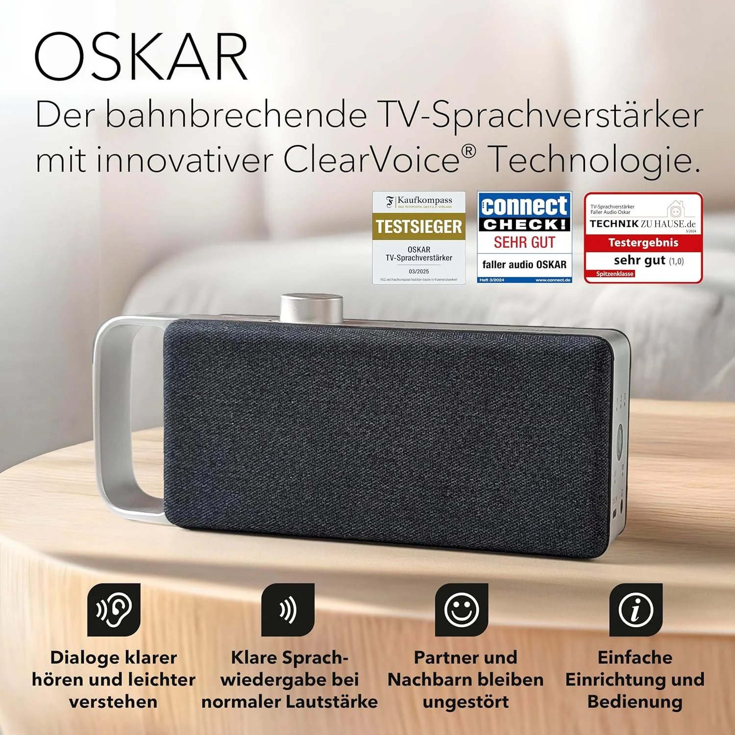 faller Oskar TV Lautsprecher/Soundbar mit Clear Voice (tragbar, kabellos, einfache Bedienung, Aluminiumgeh?use)