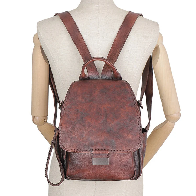 Mini Handcrafted Vintage Coffee Top Grain Leather Backpack