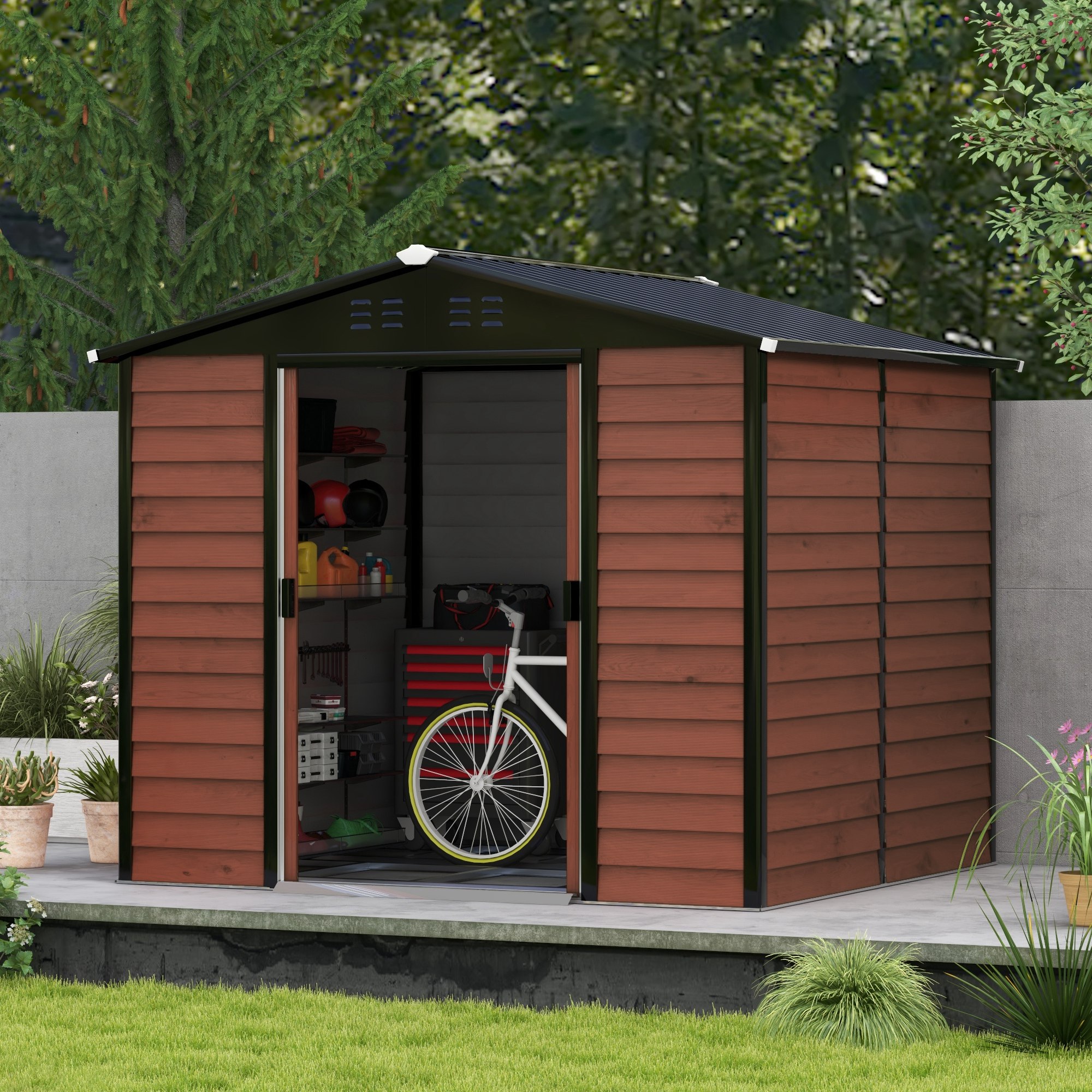 Outsunny Metalen Tuinschuur, Weerbestendig & Roestvrij, Afsluitbaar, 2,40 x 2,06 x 1,98 m, Teak
