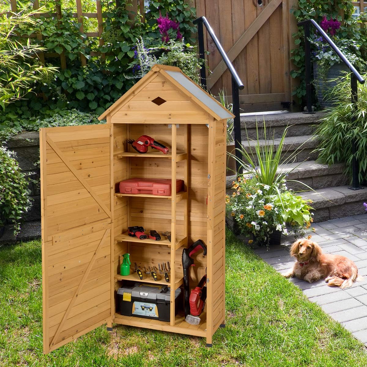 RELAX4LIFE Gerätehaus Garten, Gartenhaus aus Holz, Gartenschrank mit Satteldach, Geräteschrank wetterfest, Geräteschuppen mit Ablagen, Werkzeugschrank für den außenbereich, 177 x 80 x 45 cm