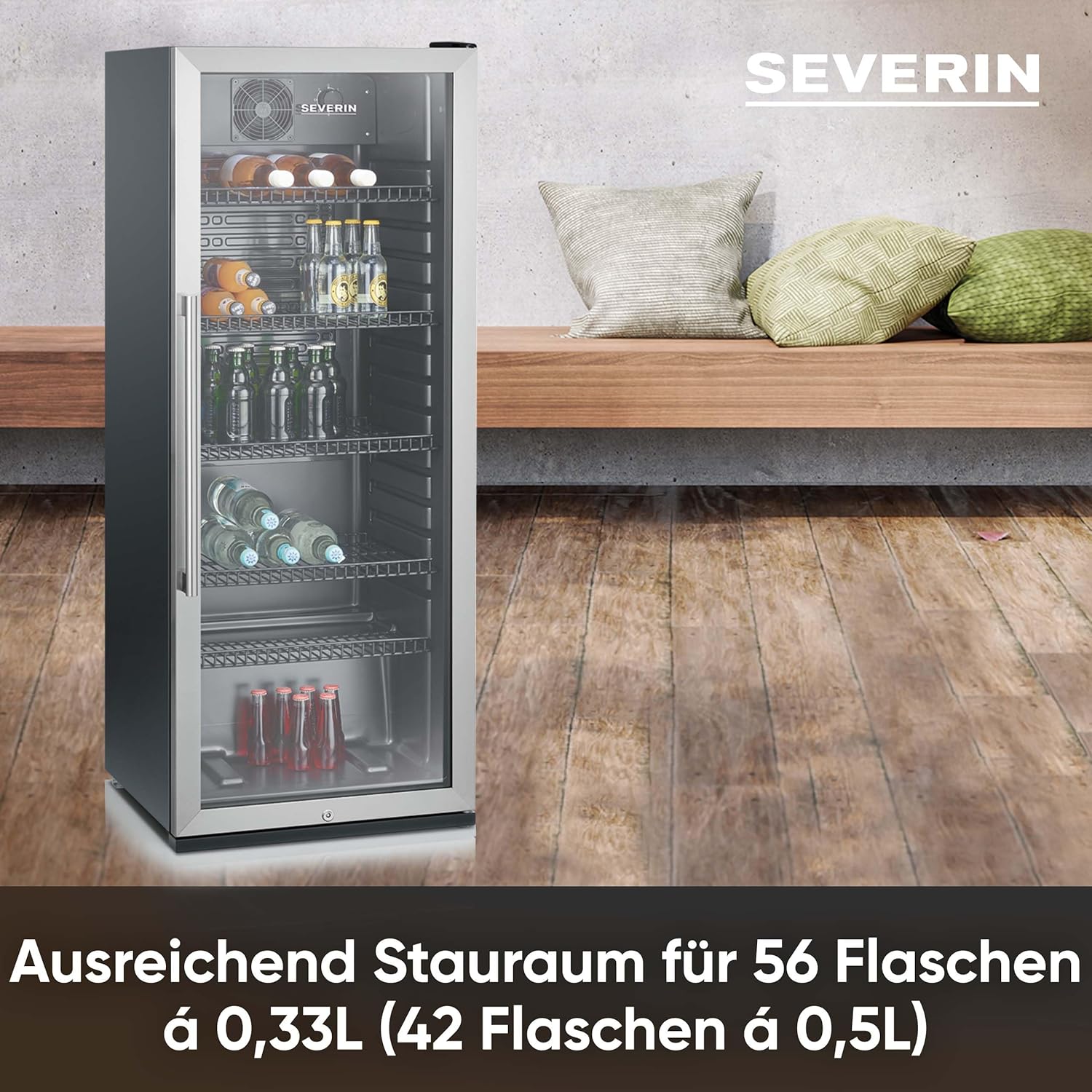 SEVERIN Flaschenkühlschrank, mit integriertem Schloss und integrierter LED-Beleuchtung, 118 L Nutzinhalt, schwarz/silber, FSK 8840