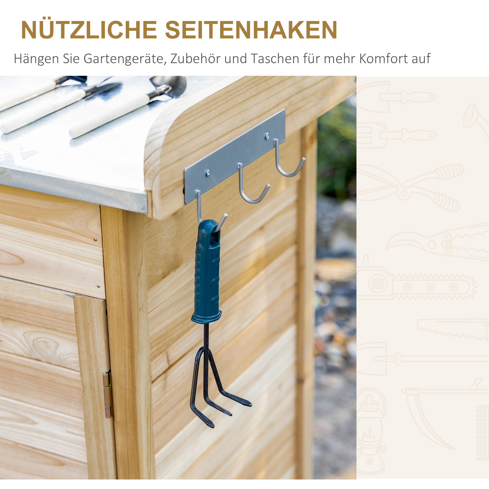 Outsunny planttafel met gegalvaniseerd werkblad, tuintafel met lade, kast, tuinwerktafel, massief hout, naturel, 112 x 45 x 125 cm