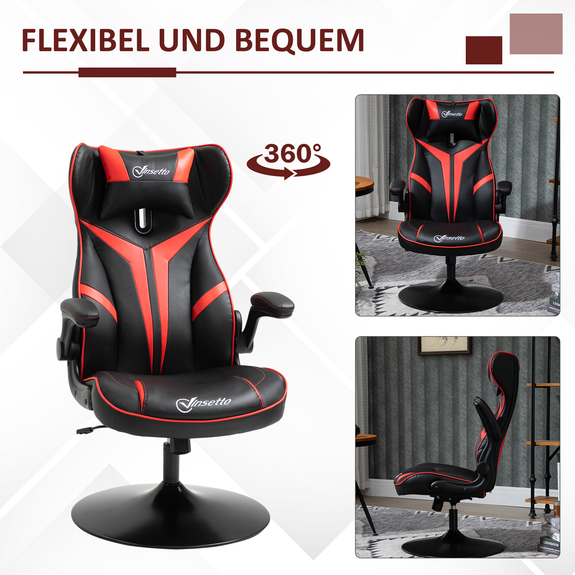 Vinsetto gamestoel ergonomische computerstoel met kantelfunctie draaistoel in hoogte verstelbaar staal zwart + rood 67 x 75 x 106-112 cm