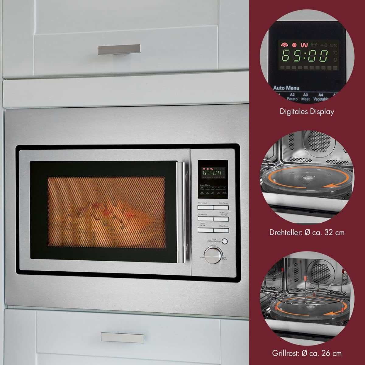 Bomann 3in1 Einbau-Mikrowelle mit Grill und Heißluft, Microwave, 25 L Garraum, 10 Automatikprogramme, Auftaufunktion, inkl. Grillrost und Drehteller (Ø 32 cm), 900 Watt, Edelstahl, MWG 2216 H EB