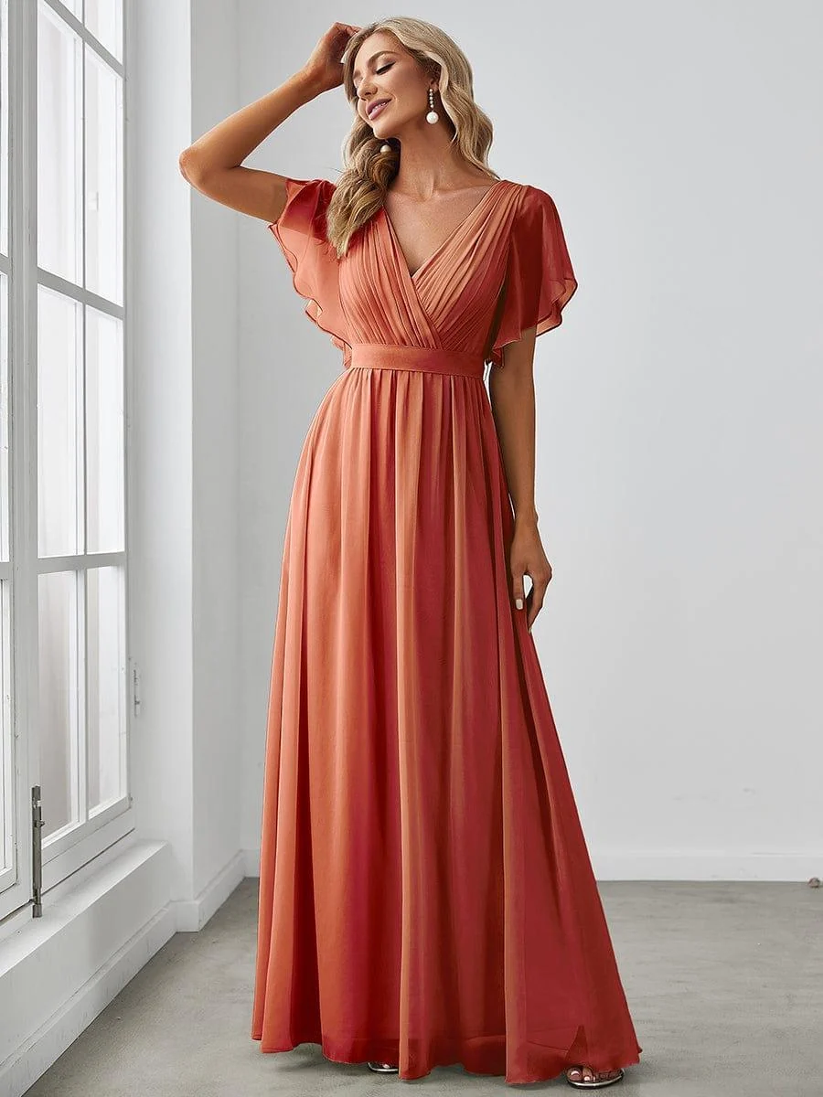 Abendkleid Damen Maxi A-Linie aus Chiffon | Festliches Kleid f��r Hochzeitsg?ste mit V-Ausschnitt und Fl��gel?rmeln