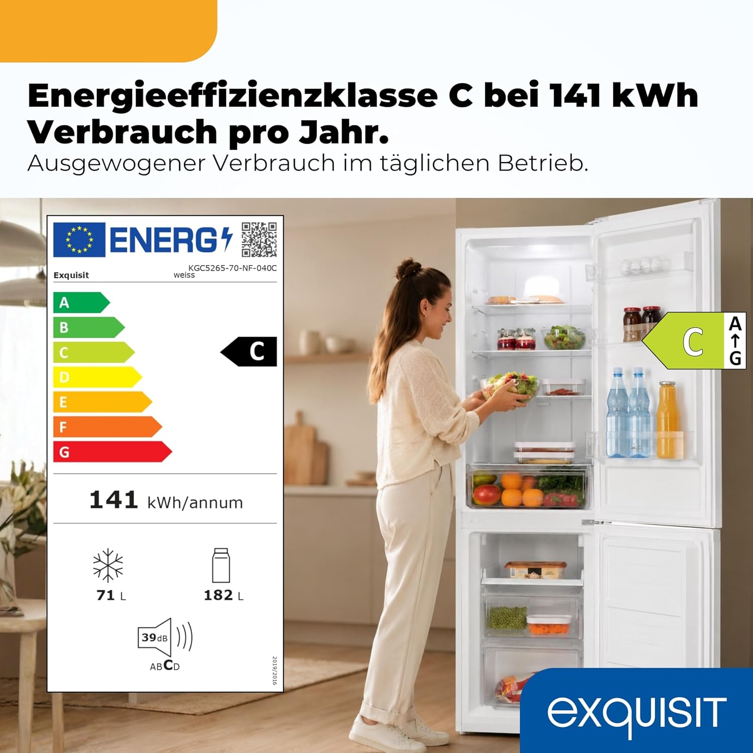 Exquisit Kühl-Gefrierkombination 253 l No Frost | Energieklasse C | leise 39 dB | schmal 54,5 cm | Schnellgefrieren | KGC5265-70-NF-040C weiss | Weiß