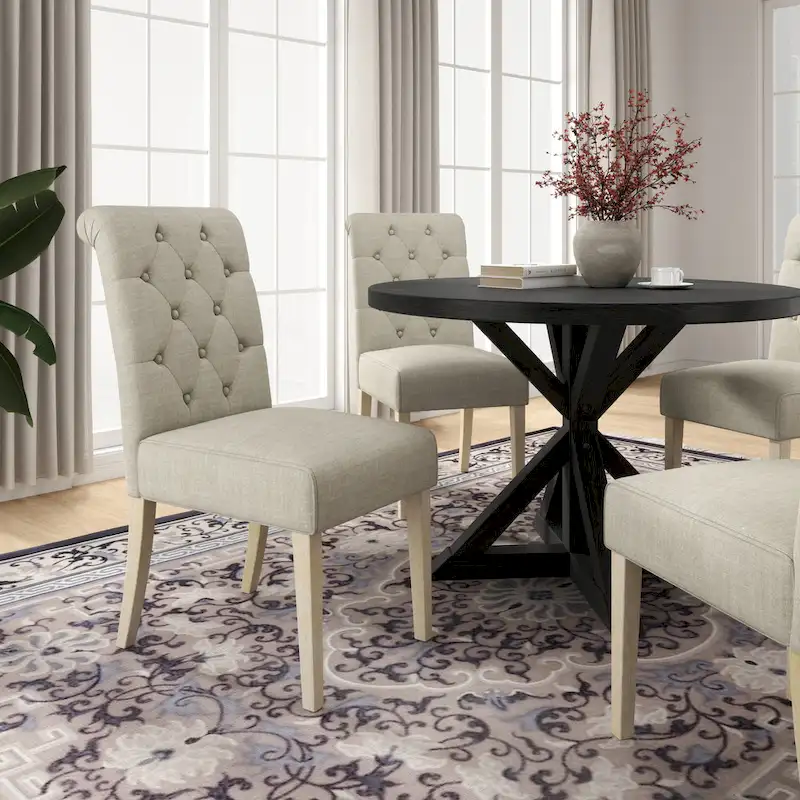 5 Piece Dining Table Set, Wooden Kitchen Furniture Set, Round Table with Cross-Buck Pedestal Base and 4 Tufted Chairs