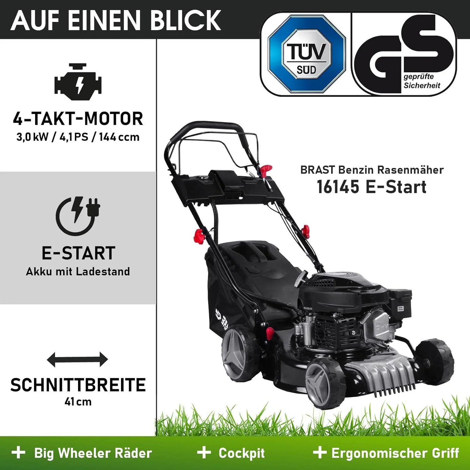 BRAST Benzine grasmaaier met aandrijving | 3,0 kW (4,1 pk) | Elektrische start | 41 cm maaibreedte | vele modellen | T��V | 4-takt OHV-motor | 25-75 mm maaihoogte | 40 L opvangbak | Stalen behuizing | 16145 Estart