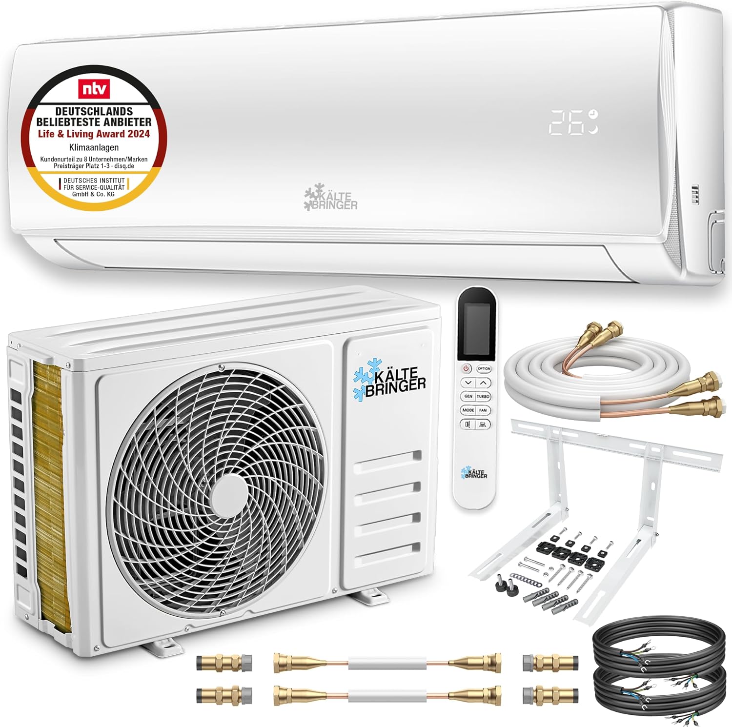 Kältebringer Split Klimaanlage Quick Connect - 12000 BTU (3,4 kW) Klimagerät mit Heizfunktion, WiFi & App, bis 91qm, sehr leise - 5m Kupferleitung, Kältemittel R32, Montagematerial, Wandhalterung