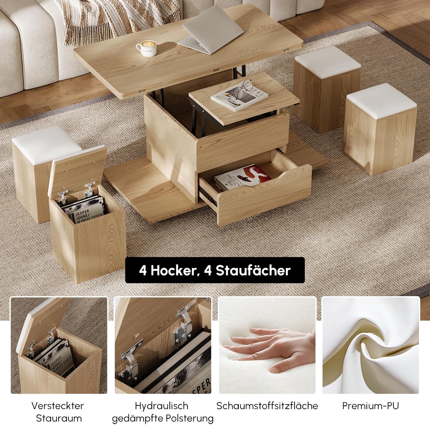 Homary Höhenverstellbarer Couchtisch mit Stauraum und 4 Hockern & Rollen – Multifunktionaler Wohnzimmertisch für kleine Räume