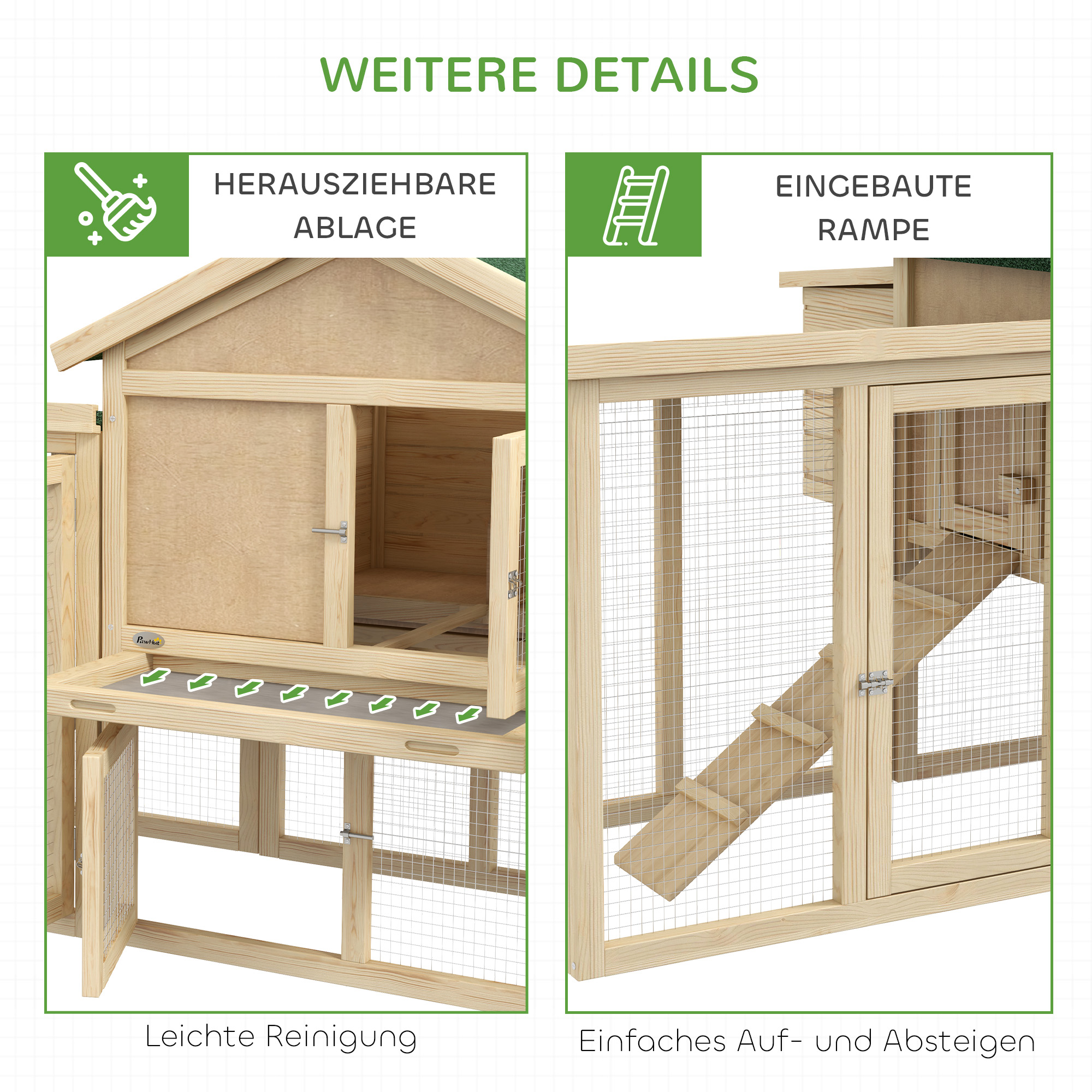 PawHut Kippenren met Buitenverblijf, Incl. Legkast, Helling en Bodemlade Dennenhout Natuurhout