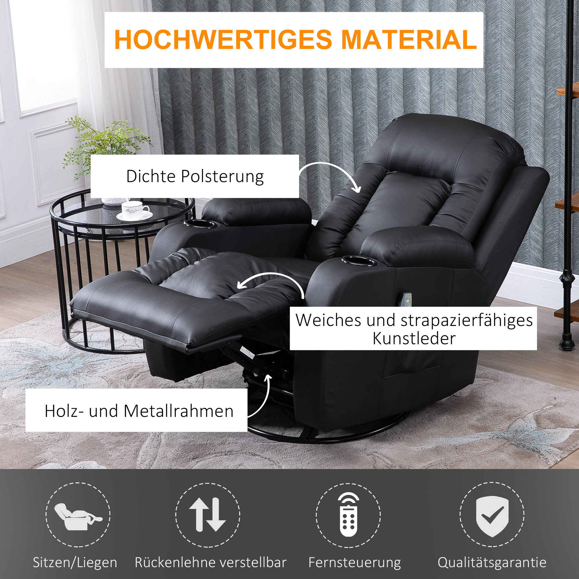 HOMCOM Massagestoel, relaxstoel, schommelfunctie, 8 vibratiepunten, inclusief afstandsbediening, zwart
