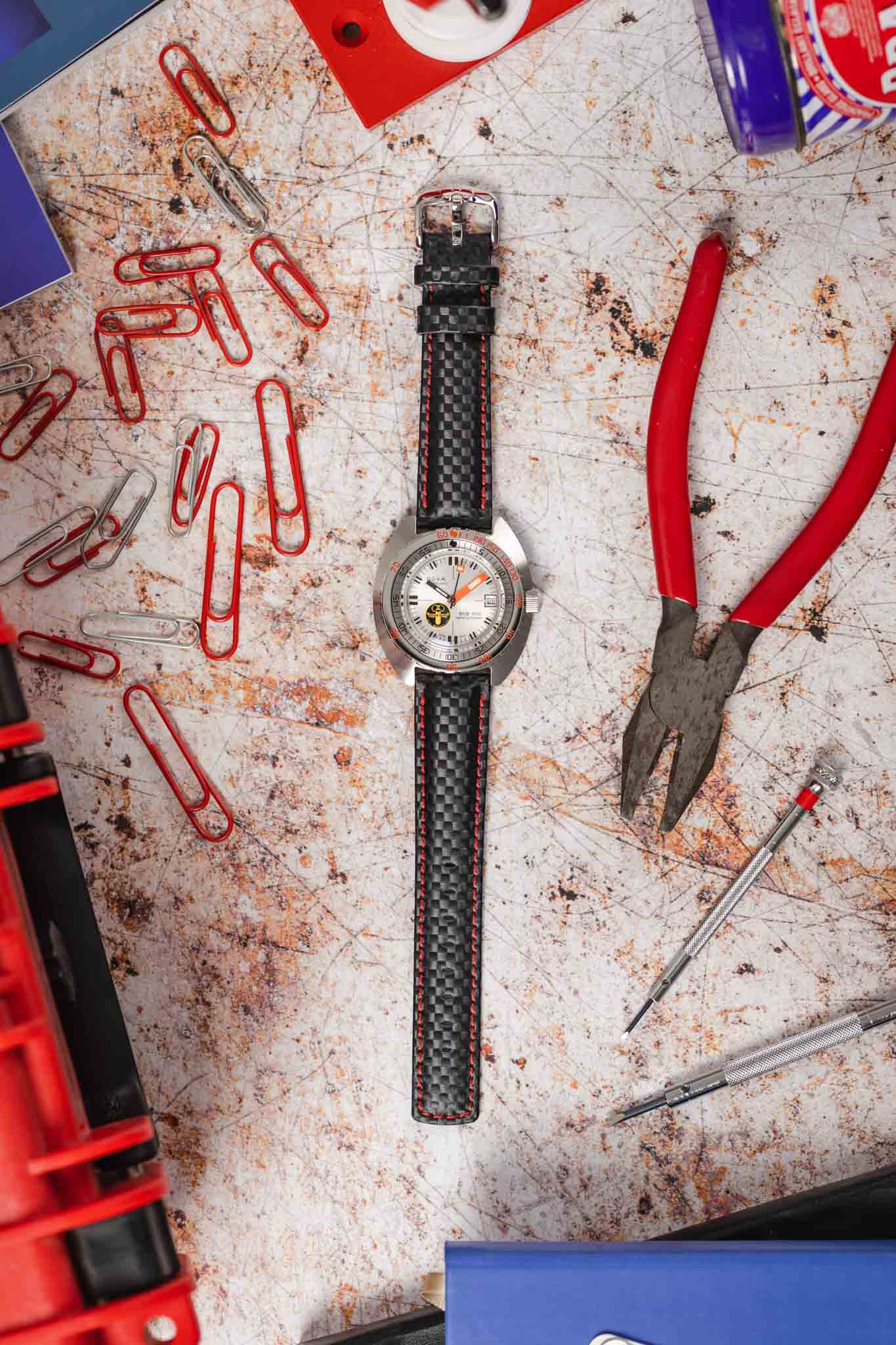Hirsch CARBON Decorated Waterproof Leather Watch Strap in BLACK / RED