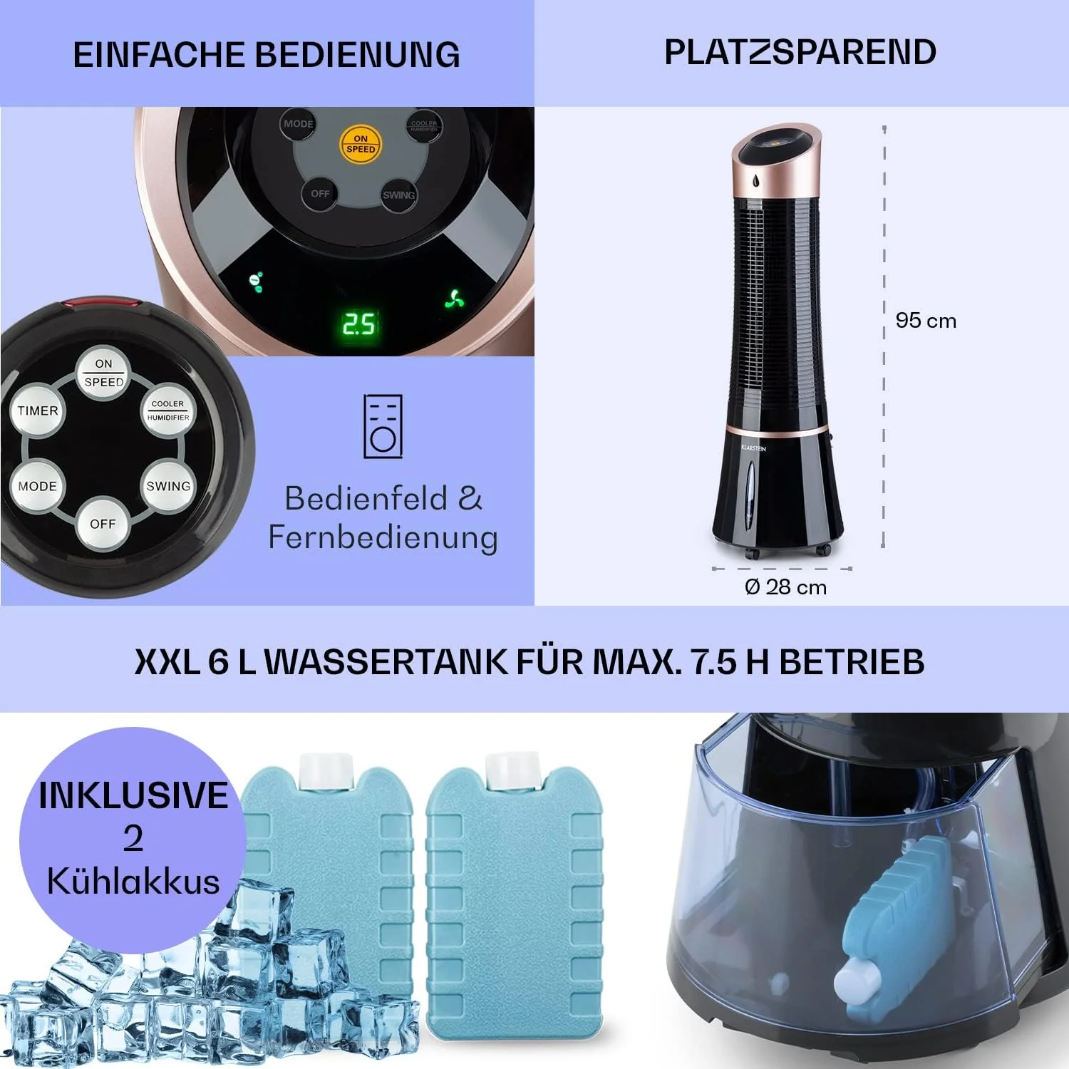 Klarstein 4-in-1: Slimme luchtkoeler, ventilator, luchtbevochtiger & ionisatie I 6 L watertank, oscillatie, 30 W, 210 m3/u, timer I Klimaatregelaar zonder afvoerslang, Mobiele airconditioner, Zwart-ros��goud