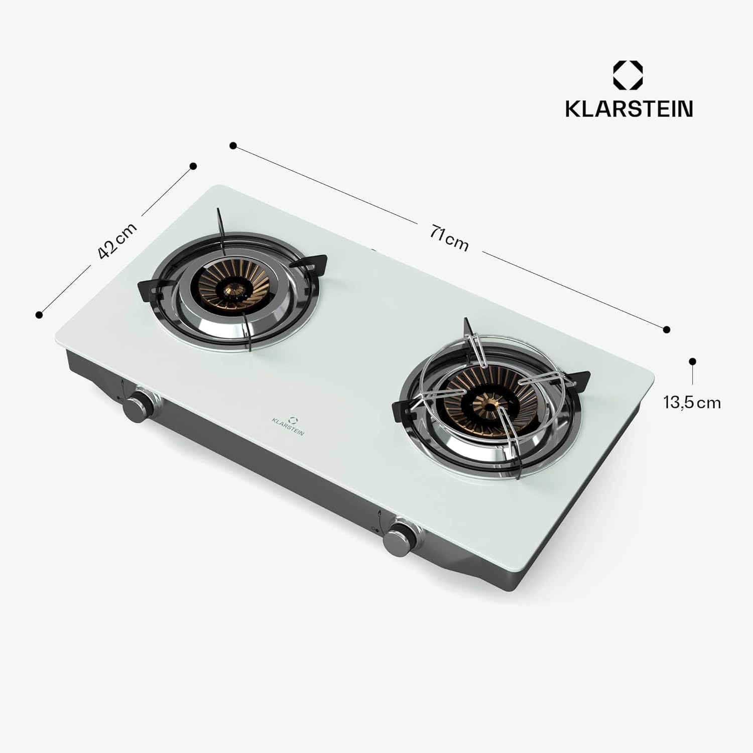 Klarstein Barzona Gaskochfeld, 2-Brenner Edelstahl & Glas, 7,7kW, Tragbarer Campingkocher mit Piezo-Zündung & Flammenausfallsicherung, Kompaktes und Tragbares Design, Weiß