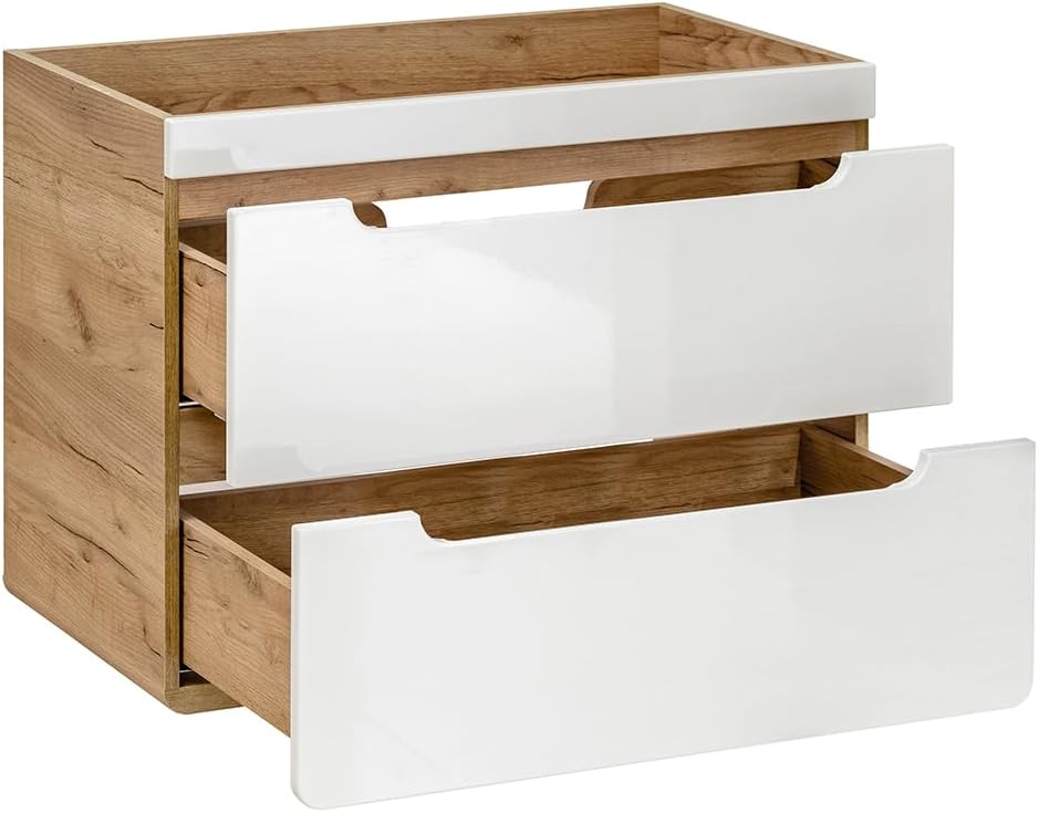 Lomadox Badmöbel Set, Hochglanz weiß mit Wotan Eiche Nb., 80 cm Waschtisch-Unterschrank mit Keramik-Waschbecken, 50 cm LED-Spiegel, Hochschrank & 3 Hängeschränke