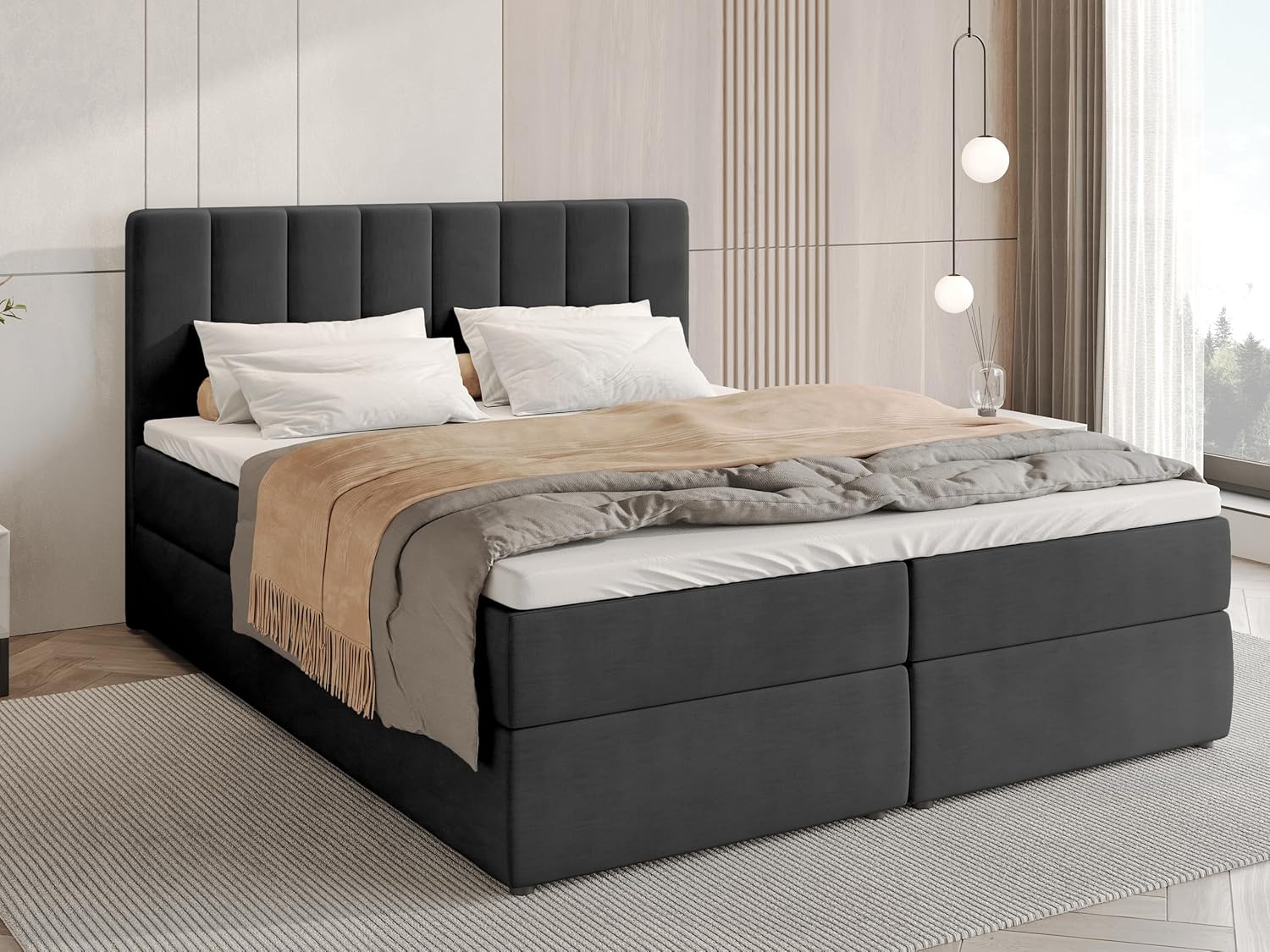 BROMARKT Boxspringbett mit Bonell Matratze Härtegrad H3 140x200cm Polsterbett mit Bettkasten Doppelbett mit Topper gepolsterte Kopfstütze Bett für Schlafzimmer Denver Dunkelgrau
