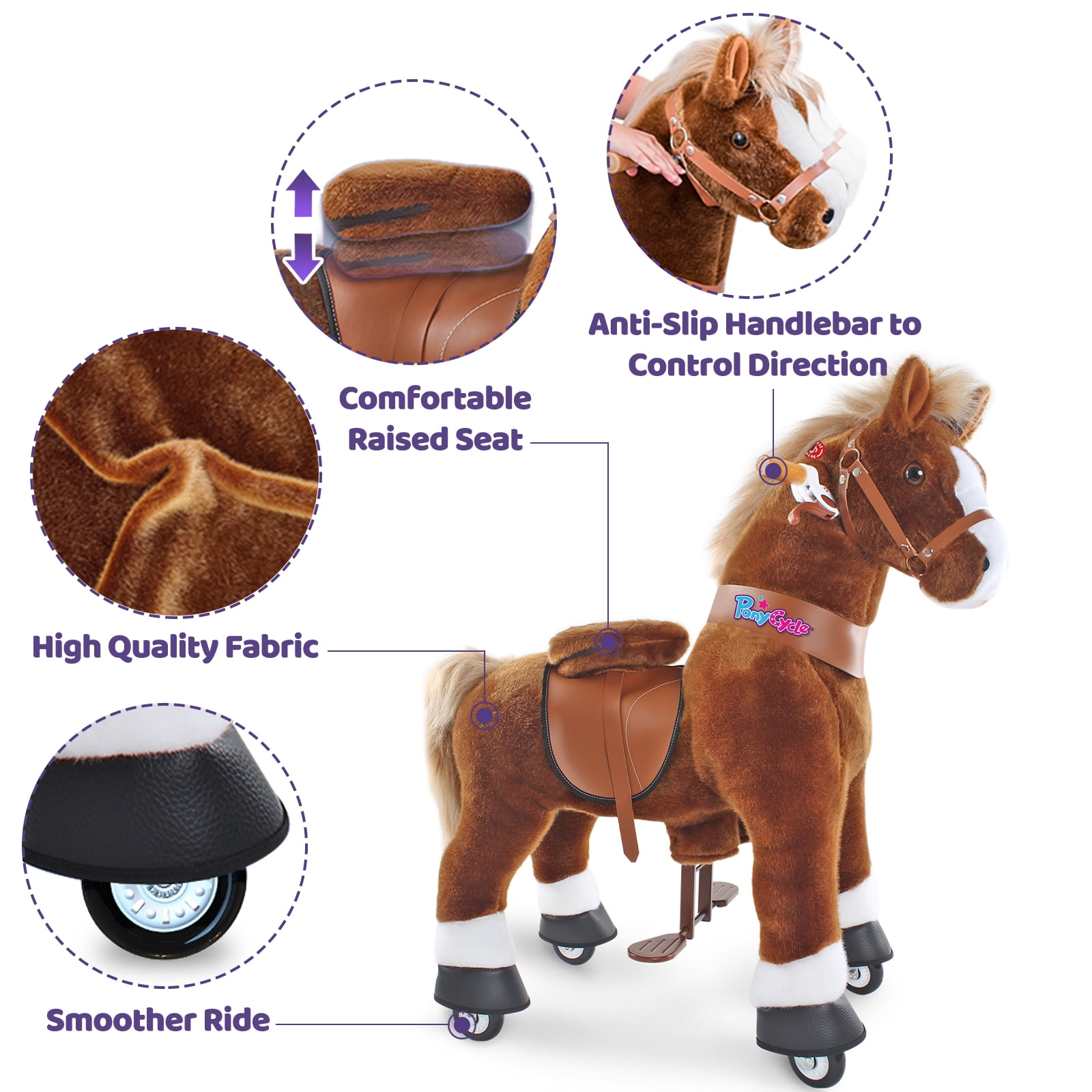 PonyCycle Ride on Horse Toy Riding Plush Pony Walking Rocking Horse Toy with Hand Brake for Toddlers Age 3-5 Years Ux324