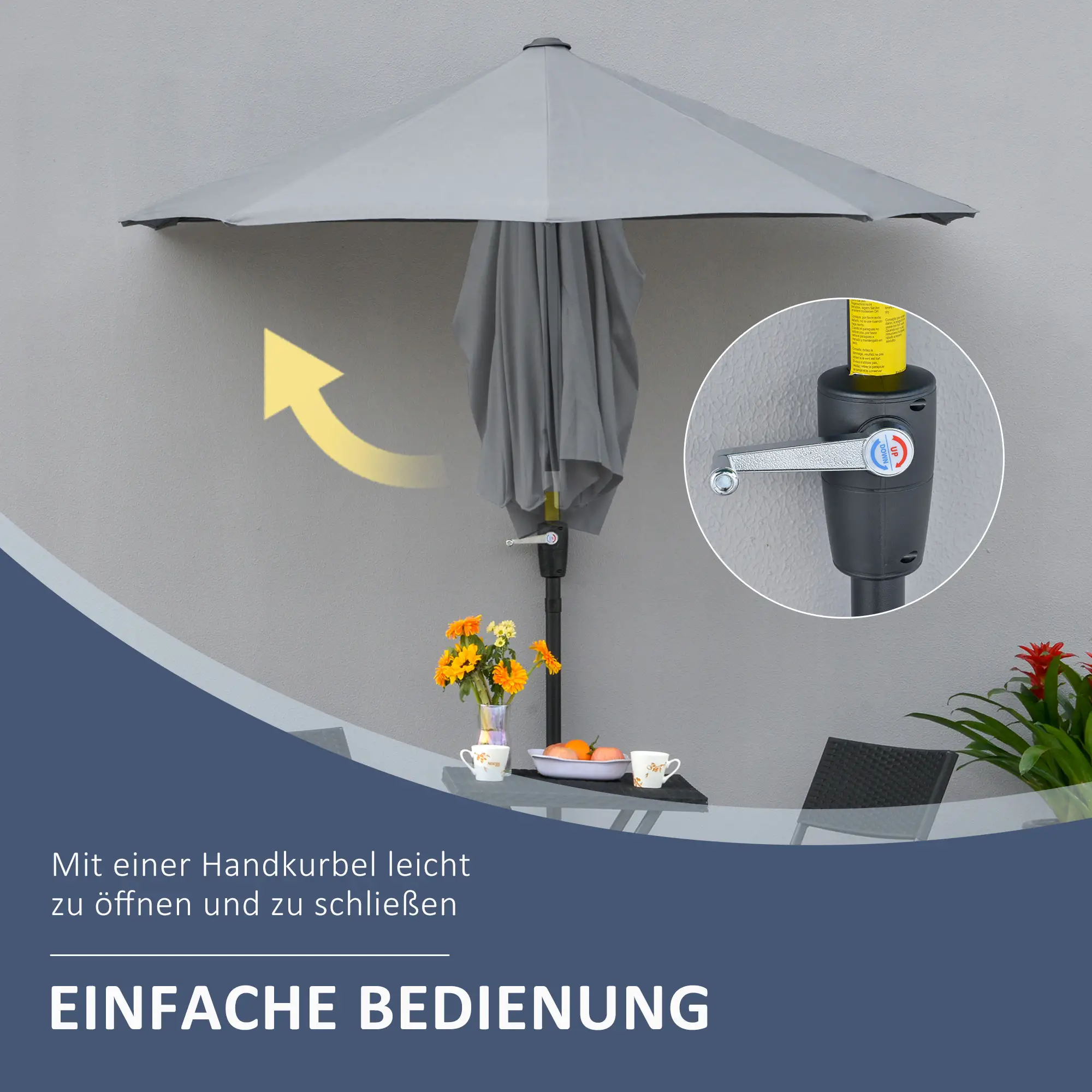 Outsunny Halfronde Parasol met Handslinger Ventilatie