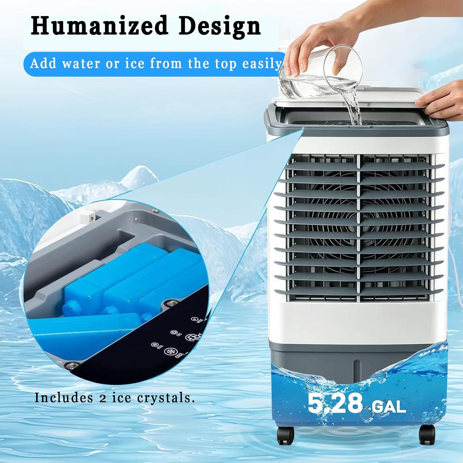 Klimaanlage Mobil 80W, 1-seitiger Klimaanlage Ohne Abluftschlauch, 3 Modi, 20L Abnehmbarem Tank, 60/120° Oszillation, 7.5h Timer, Leise, Fernbedienbar, Verdunstungskühler für Zuhause Schlafzimmer