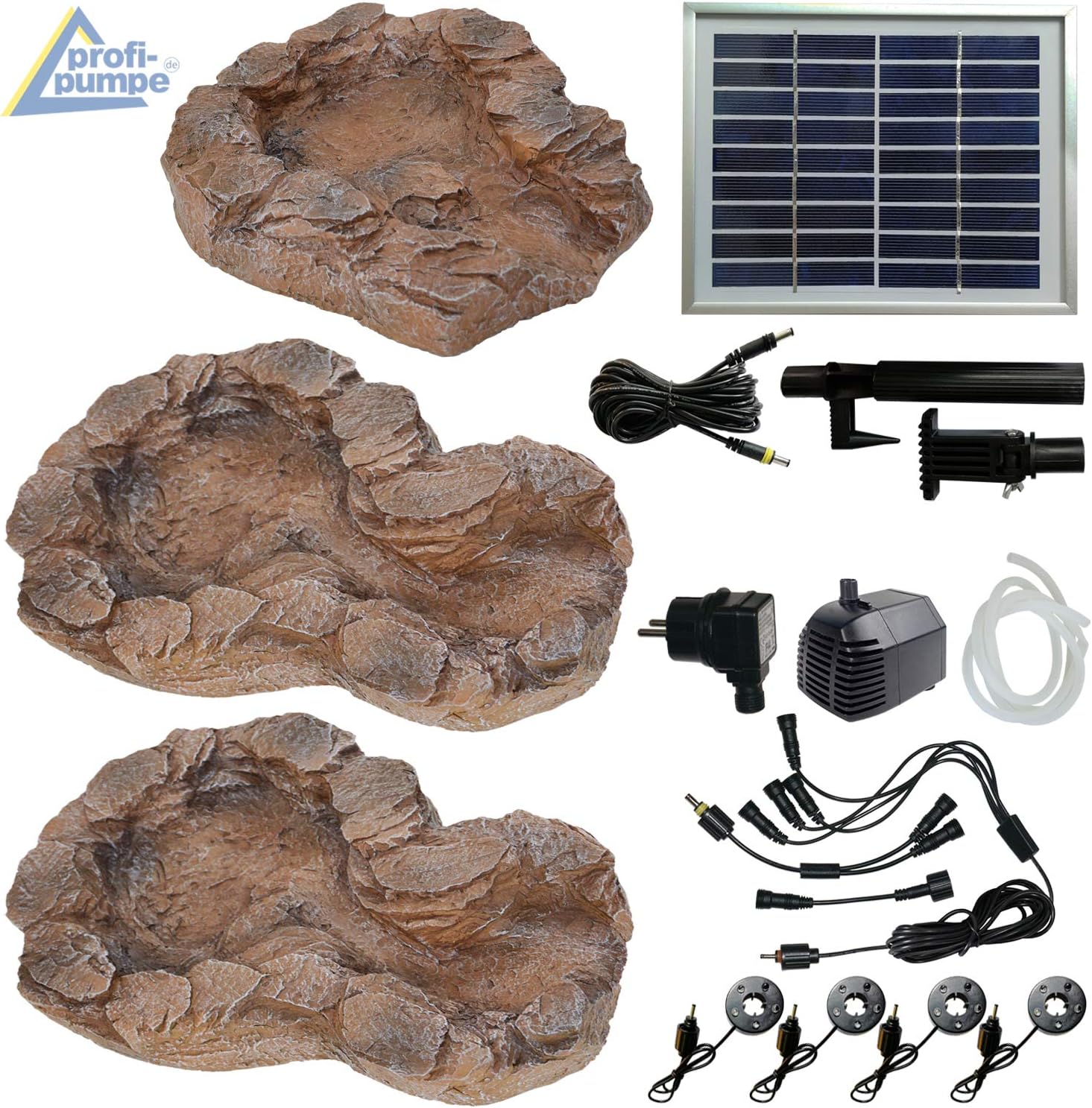 Solar GARTENBRUNNEN Bachlauf QUELLBACH II mit LED-Licht/Hybrid-System, 230V ZIERBRUNNEN VOGELBAD Wasserfall GARTENLEUCHTE TEICHPUMPE - SPRINGBRUNNEN WASSERSPIEL für Garten, Gartenteich, Teich