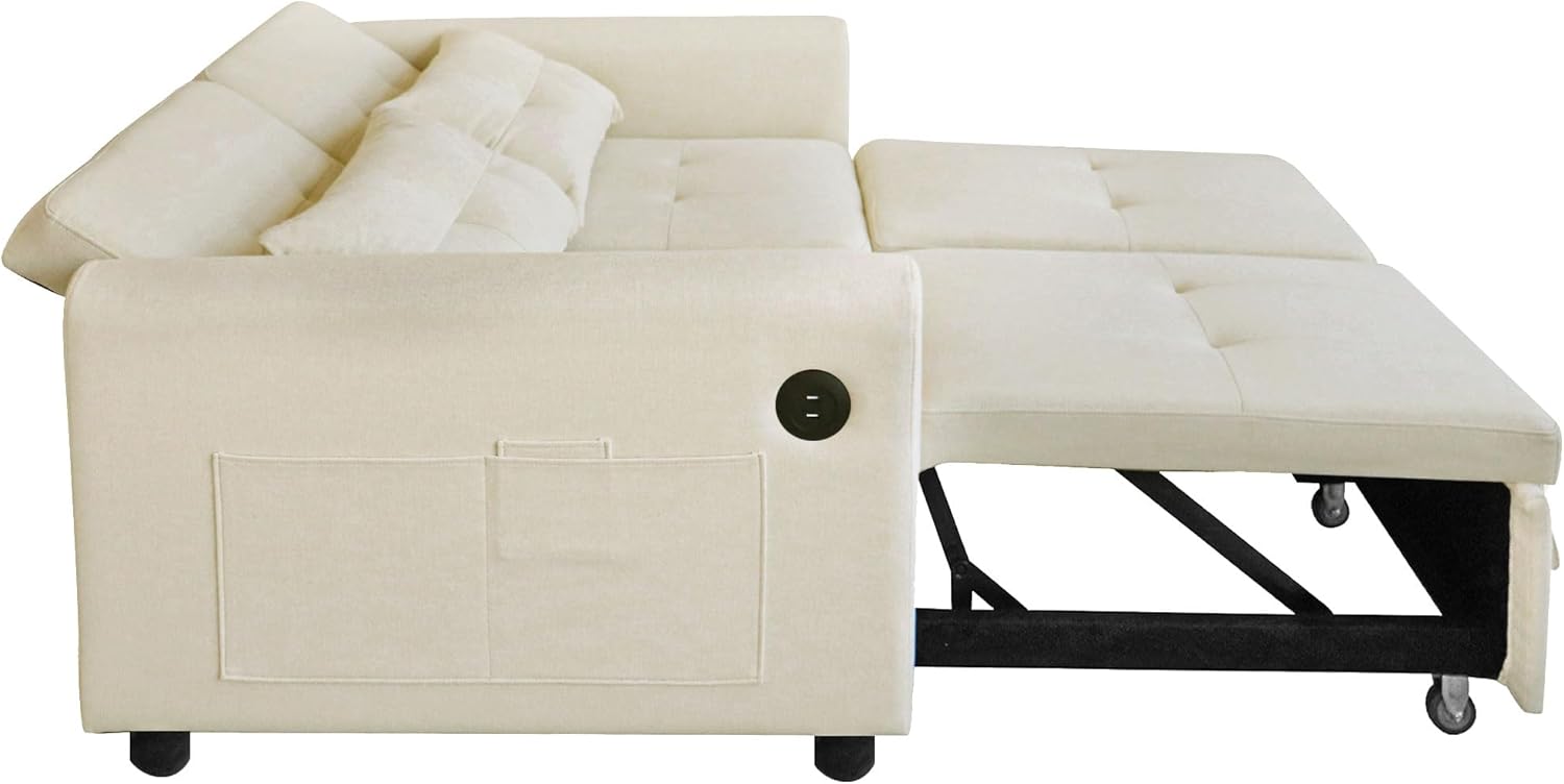 Loveseat-Sofa, 3-in-1-Ausziehsofa mit Verstellbarer Rückenlehne, USB, Armlehnentaschen und Kissen. Geeignet für Wohnzimmer, Schlafzimmer, Wohnung Usw.，Beige