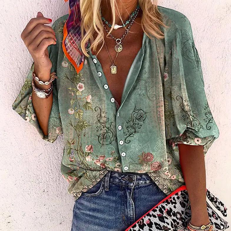Damen Bluse im Boho-Stil mit Blumenprint | Luftige Sommerbluse mit weiten ?rmeln | Bequeme Passform f��r warme Sommertage