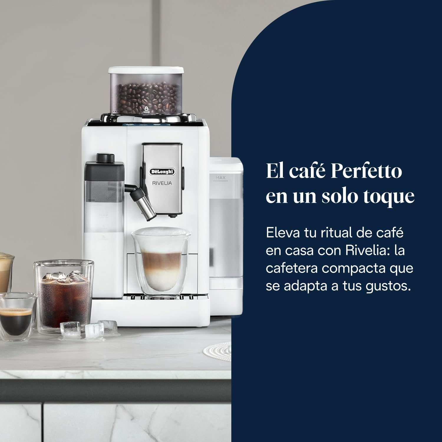 De'Longhi Rivelia Superautomatic Coffee Maker, LatteCrema Automatic Milk Jug, 16 One-Touch Drinks, Touch Screen, Interchangeable Coffee Bean Tanks, White (EXAM440.55.W)
