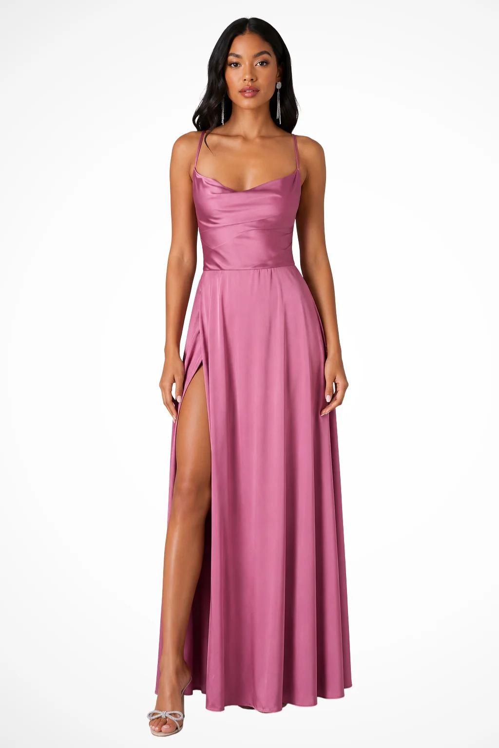 Damen Satin Maxikleid mit Wasserfall-Ausschnitt & Seitenschlitz - Elegantes Abendkleid f��r Hochzeitsg?ste & festliche Anl?sse
