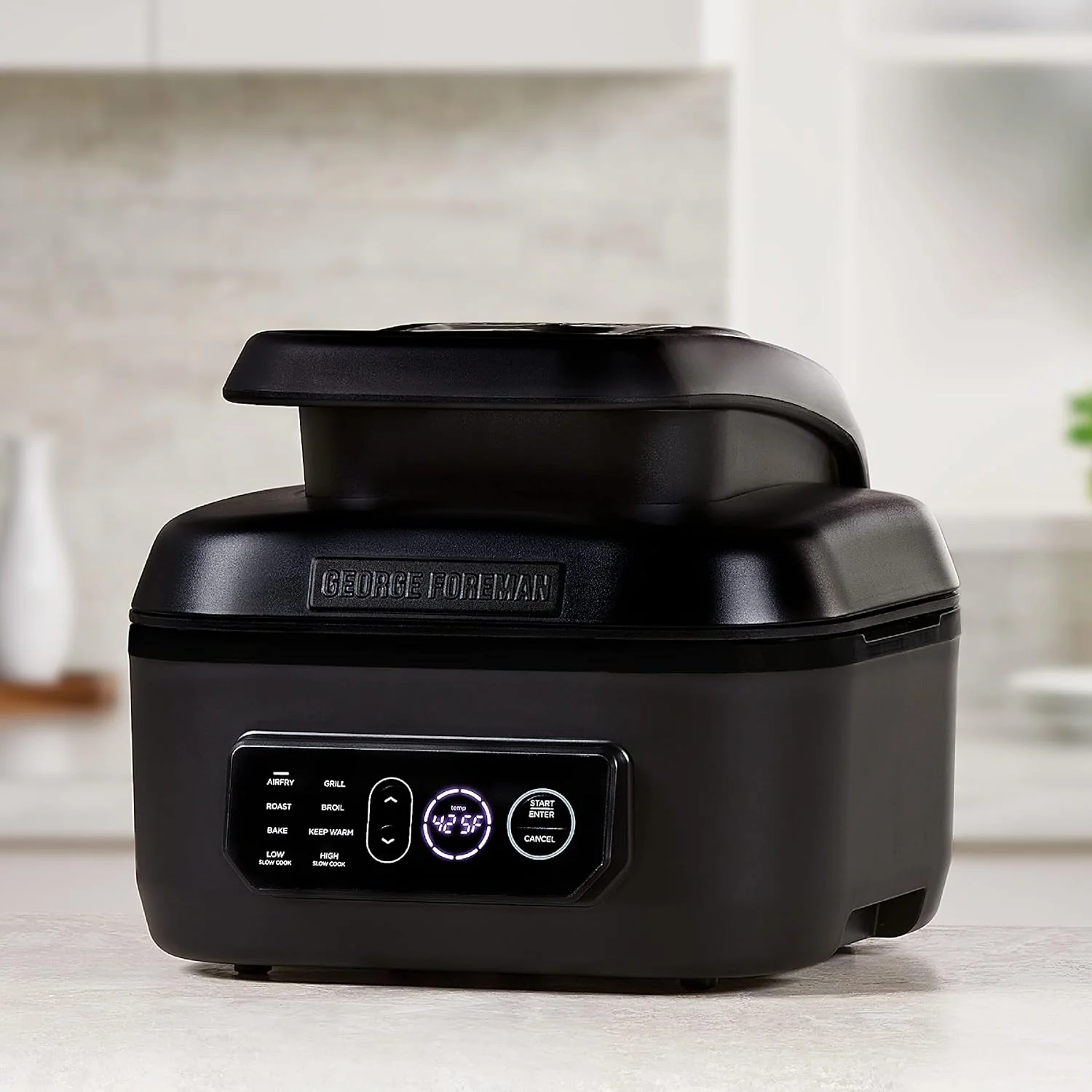 George Foreman Beyond Grill锟�?7-in-1 Electric Indoor Grill with Air Fry Technology. MCAFD800D. Black. Large