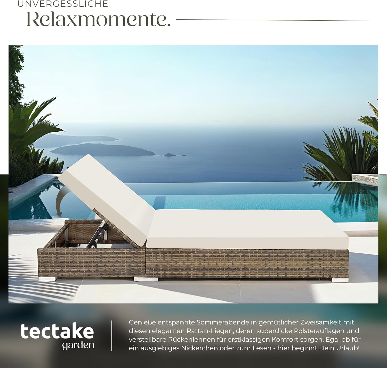 tectake® 2er Lounge Sonnenliegen Set Plus Tisch – inkl. 2 Bezugsets und Schutzhülle, Outdoor Poly Rattan Gartenmöbel Set, 2er Set - Natur