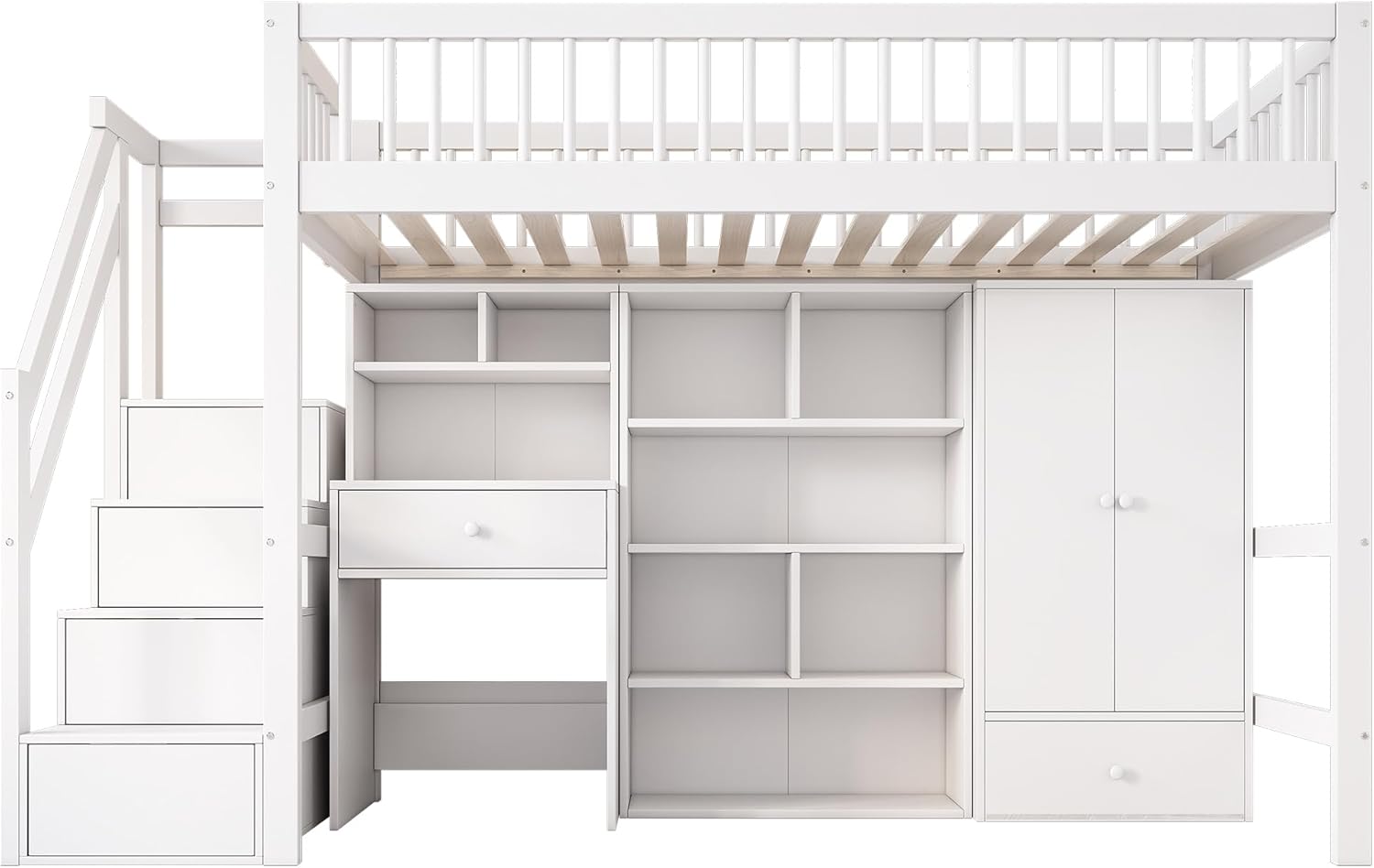 Kinderbett Etagenbett 90x200, Hochbett mit Kleiderschrank&Schließfächern&Schubladen&Schreibtisch&Treppe, Einzelbett Holzbett Jugendbett mit Lattenrost&Rausfallschutz, Massivholz, Ohne Matratze, Weiß