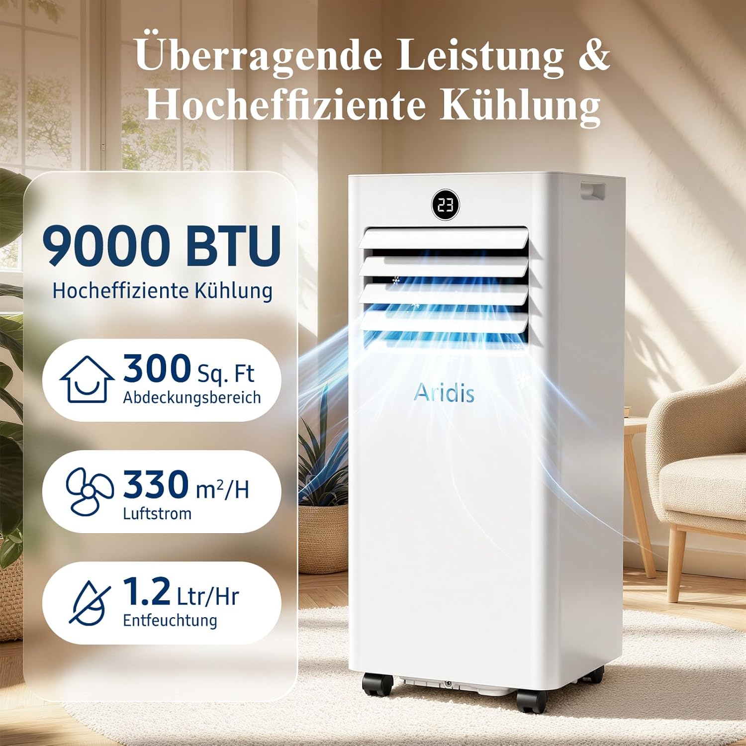 Klimaanlage Mobil 9000 BTU,4-in-1 Mobile Klimaanlage - LED Display&Fernbedienung,leise mobile klimaanlage mit einem Fenstermontagesatz,klimagerät mit abluftschlauch,Raumgröße bis 88m³(33㎡) Tragbare