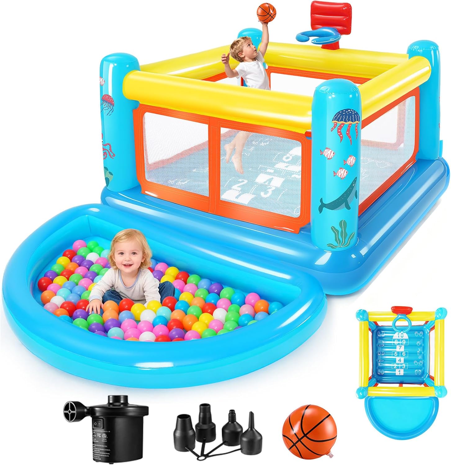 Aufblasbare Hüpfburg für Kinder von 3–6 Jahren, kleines PVC-Hüpfburg-Spielhaus mit Hüpfkissen, herausnehmbarem Bällebad, Basketballkorb und Hüpfspiel, inklusive Luftpumpe