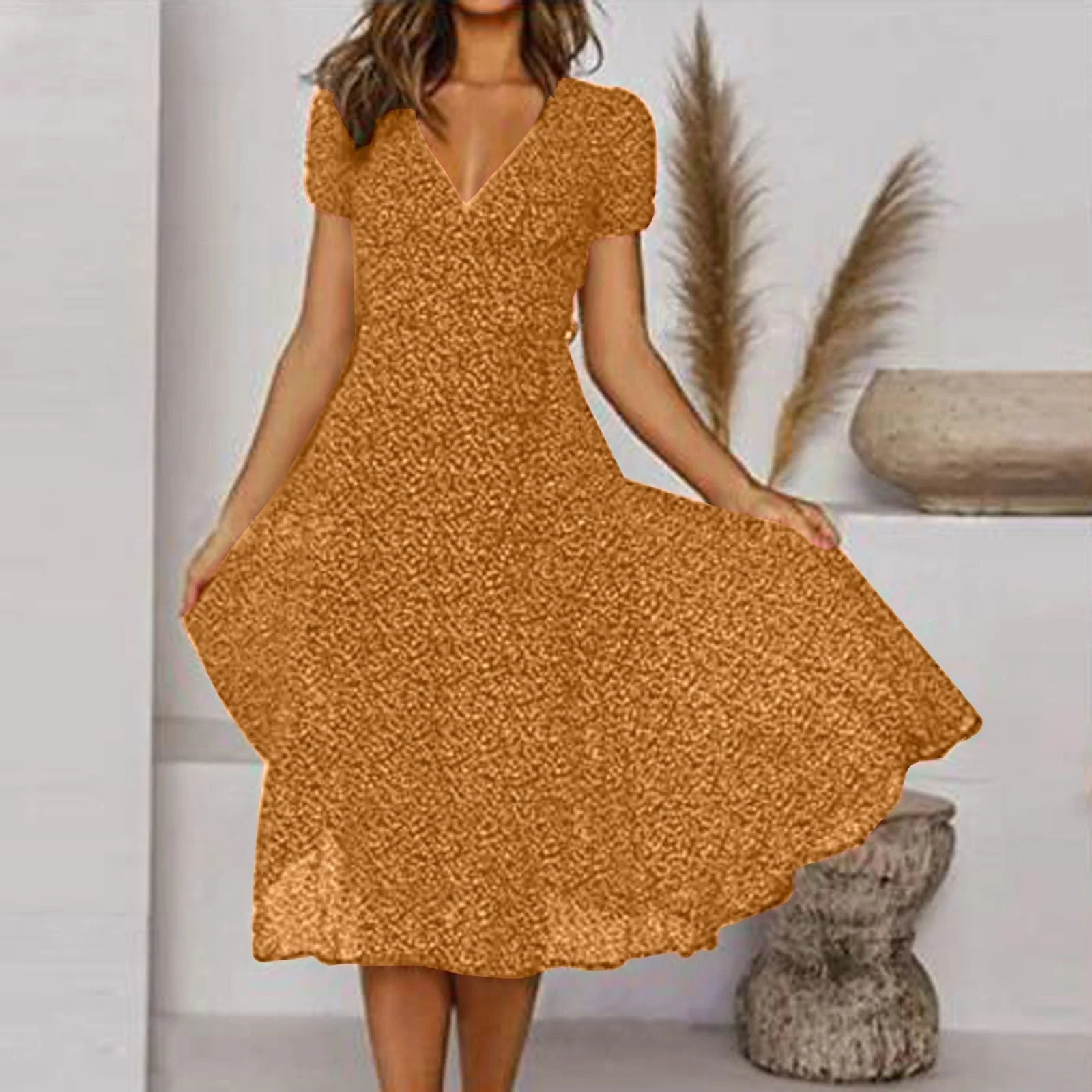 Damen Sommerkleid in A-Linie mit V-Ausschnitt | Luftiges Freizeitkleid aus leichtem Stoff f��r warme Tage und den Urlaub
