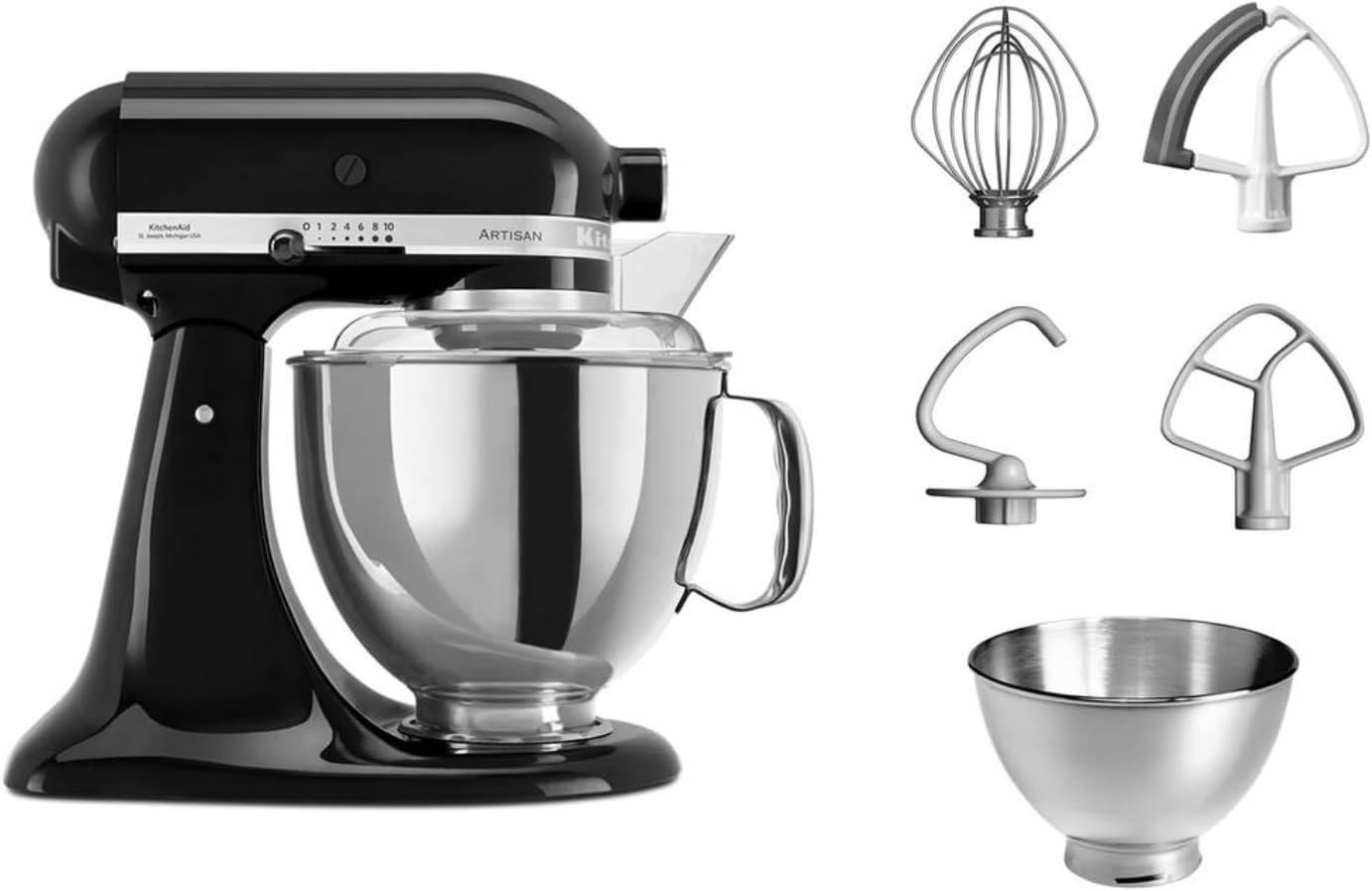 KitchenAid Küchenmaschine I Artisan I Kippbarem Food Processor I Teigknetmaschine mit 5 Zubehör | 2 Schüsseln aus Edelstahl | 4.8 L | Schwarz