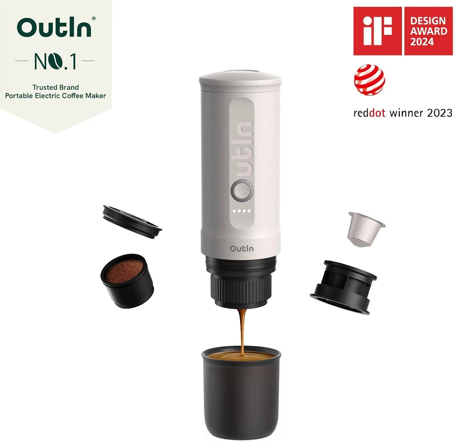 OutIn Nano Draagbare Espressomachine met Batterij, voor onderweg of camping, Koffiezetapparaat to go, met elektrische zelfverwarming via USB - C, 2 in 1 voor gemalen koffie en NS - capsules