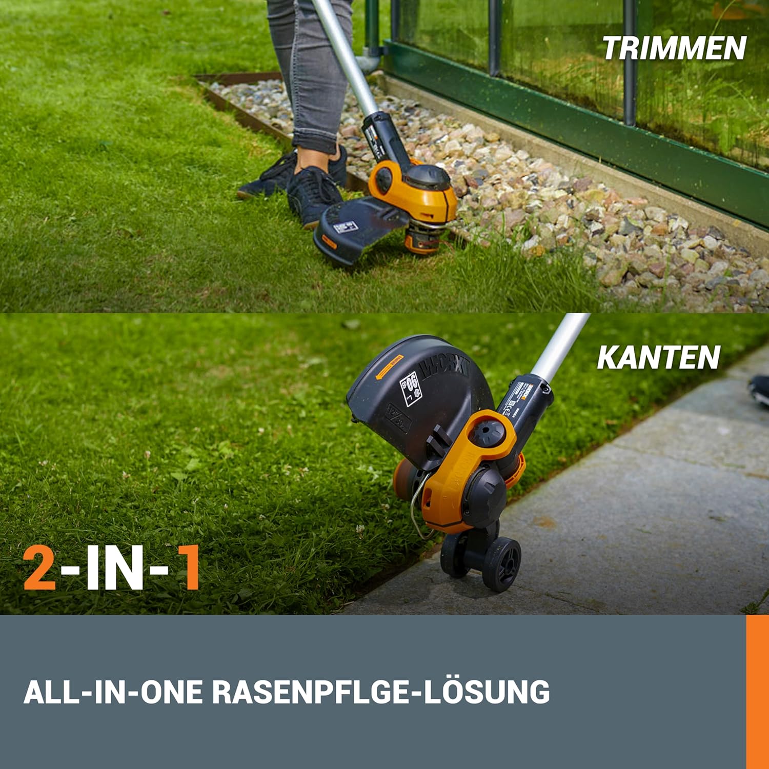 WORX 18V(20V MAX) Akku Rasentrimmer WG163E.3, 2-in-1 rasenkantenschneider mit 90° drehbarer Trimmerkopf, Teleskopstiel, Powershare, 2 x 2,0 Ah Akku