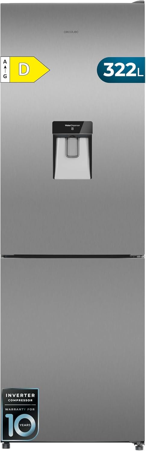 Cecotec Réfrigérateur Combi avec Distributeur d'Eau 322L Bolero CoolMarket Combi 322i WD Inox D. 185,5cm de Hauteur, 59,5cm de Largeur, Technologie Multi Airflow, HumidityFlex HUB, Éclairage LED