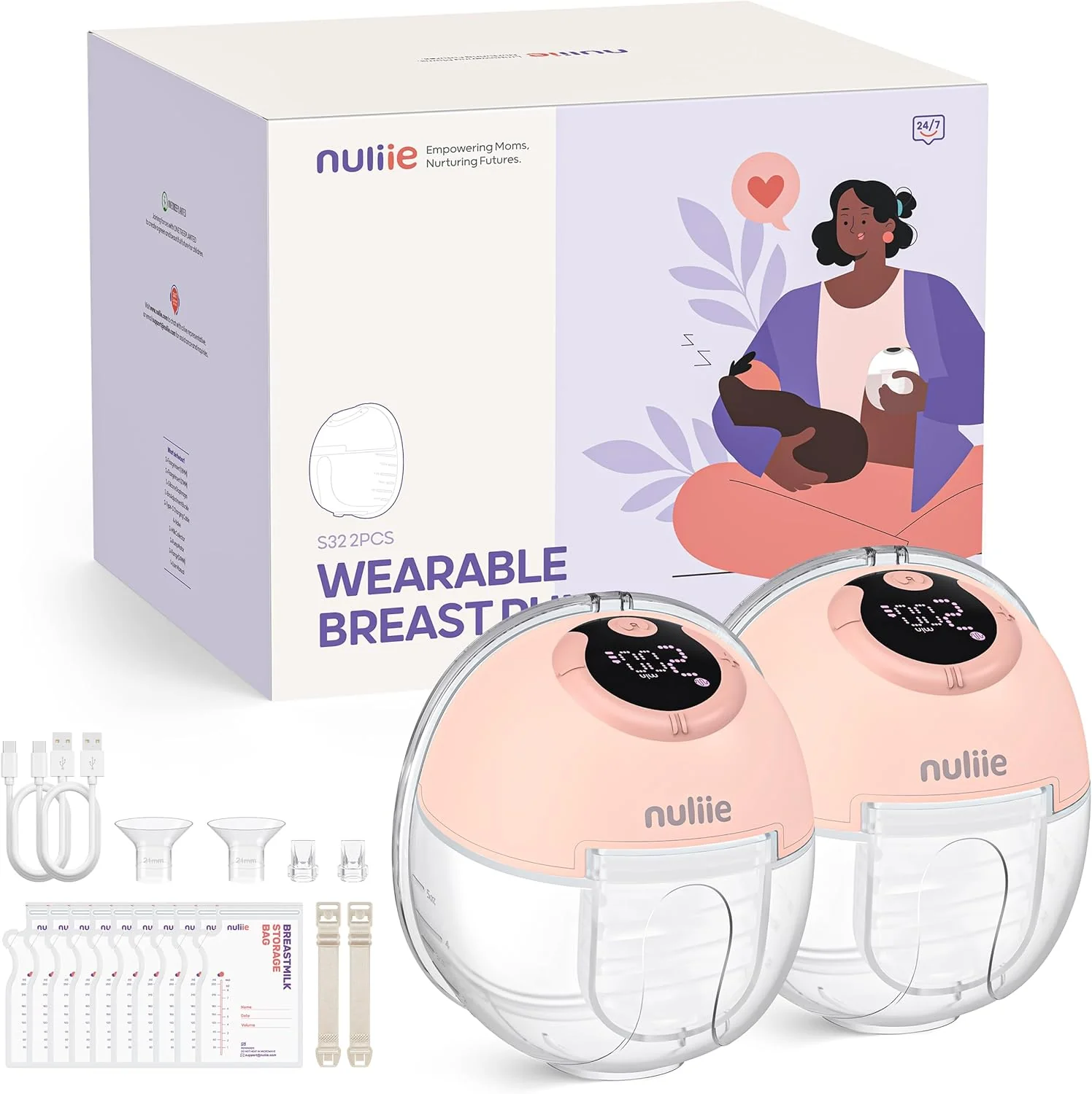 Nuliie Elektrische Borstkolf Draagbare S32, Handsfree Elektrische Borstkolf 4 Modi 9 Niveaus met 18/21/24 mm comfortabele flens, discreet, met reserveonderdelen inbegrepen (2 stuks, wit)