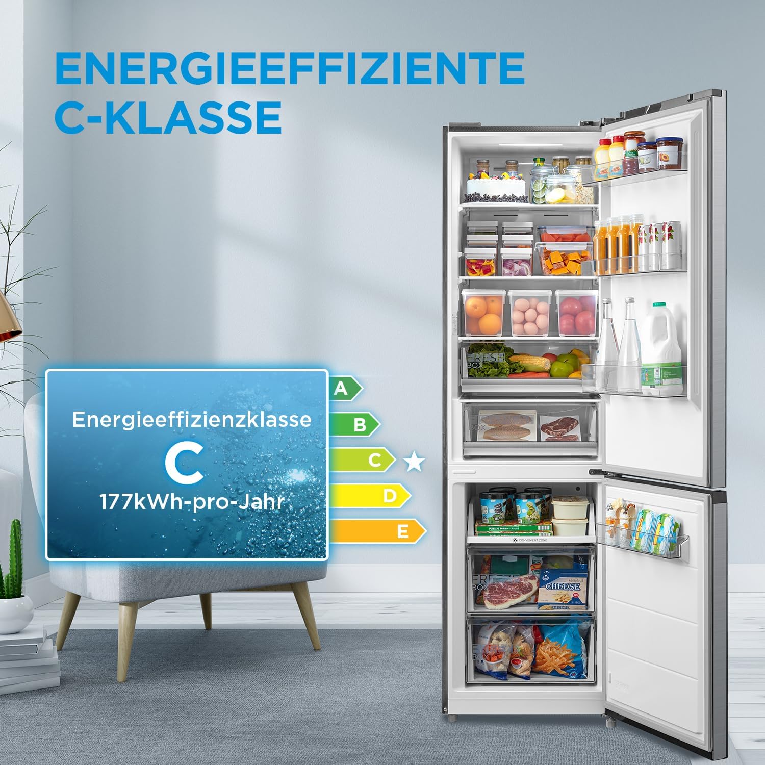 Midea MERB276FGE02A Fridge/Freezer Combination, 180 cm Height, NoFrost, Double Control, Super Cooling Function, 219 kWh per Year, Fridge Capacity 199 L, 71 L Freezer Capacity