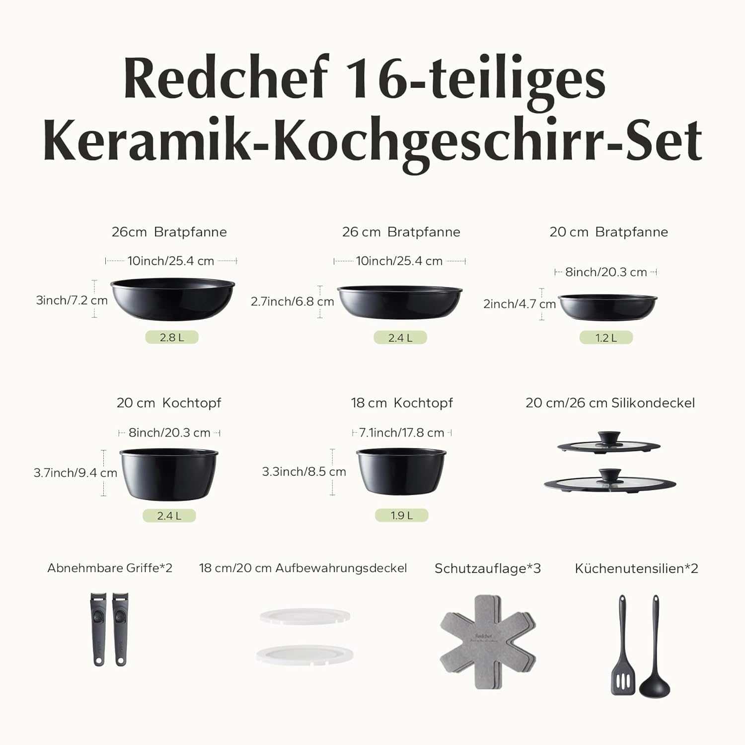 Redchef Topfsets Pfannenset 16-Teilig Antihaft-Keramik-Kochgeschirr-Set mit Abnehmbaren Griffen, Pfanne 20/26cm, Tiefe Bratpfanne 26cm, Topf 18/20cm, Stapelbar Topfset Für alle Herdarten, Ofenfest