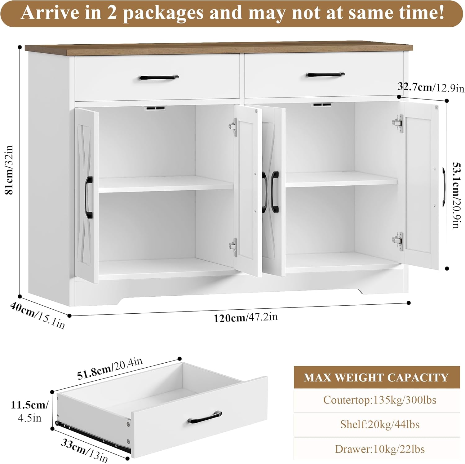 HOCSOK Sideboard, 120cm Breit Küchenschrank mit Arbeitsplatten, Küchenbuffet Aufbewahrungsschrank mit 2 Schubladen und 4 Türen Wohnzimmer, Küche, Flur, Weiß & Braun